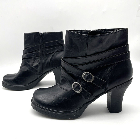Vintage 90s Y2K Bongo 'HIPSTER' Black Faux Leather Block Heel Ankle Booties US9 - Picture 4 of 15